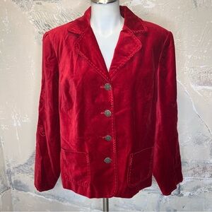 Coldwater Creek L red velveteen blazer embroidered topstitching dressy classic